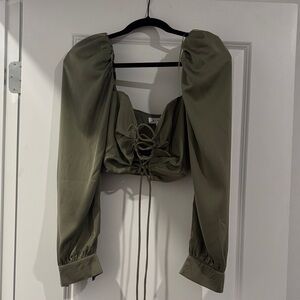 mable Olive Green Puff Sleeve Crop Top